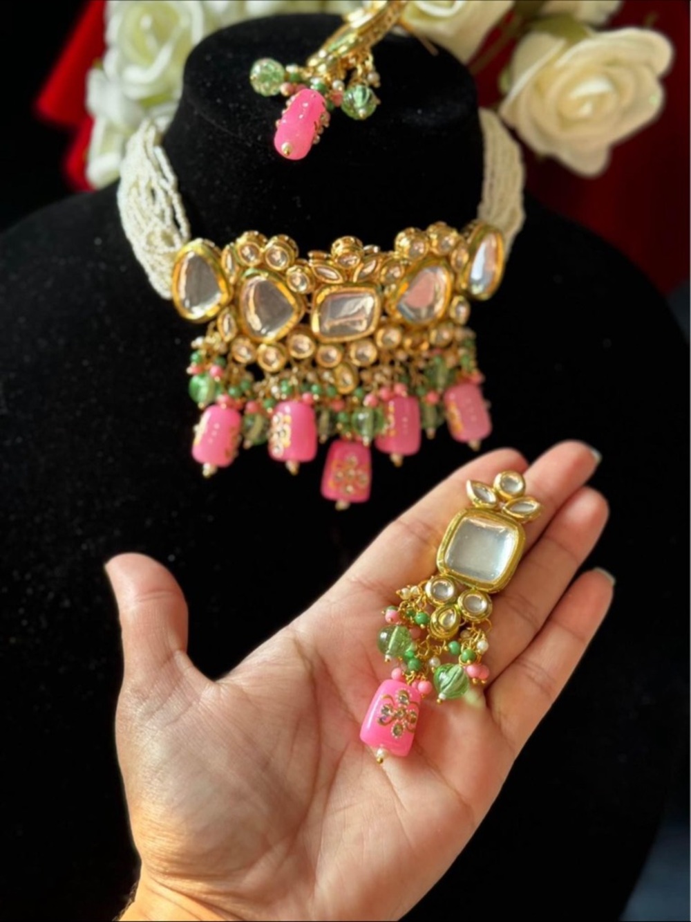 ✨Brand new Handcrafted Pink and Green Kundan Choker Necklace with Earrings ✨